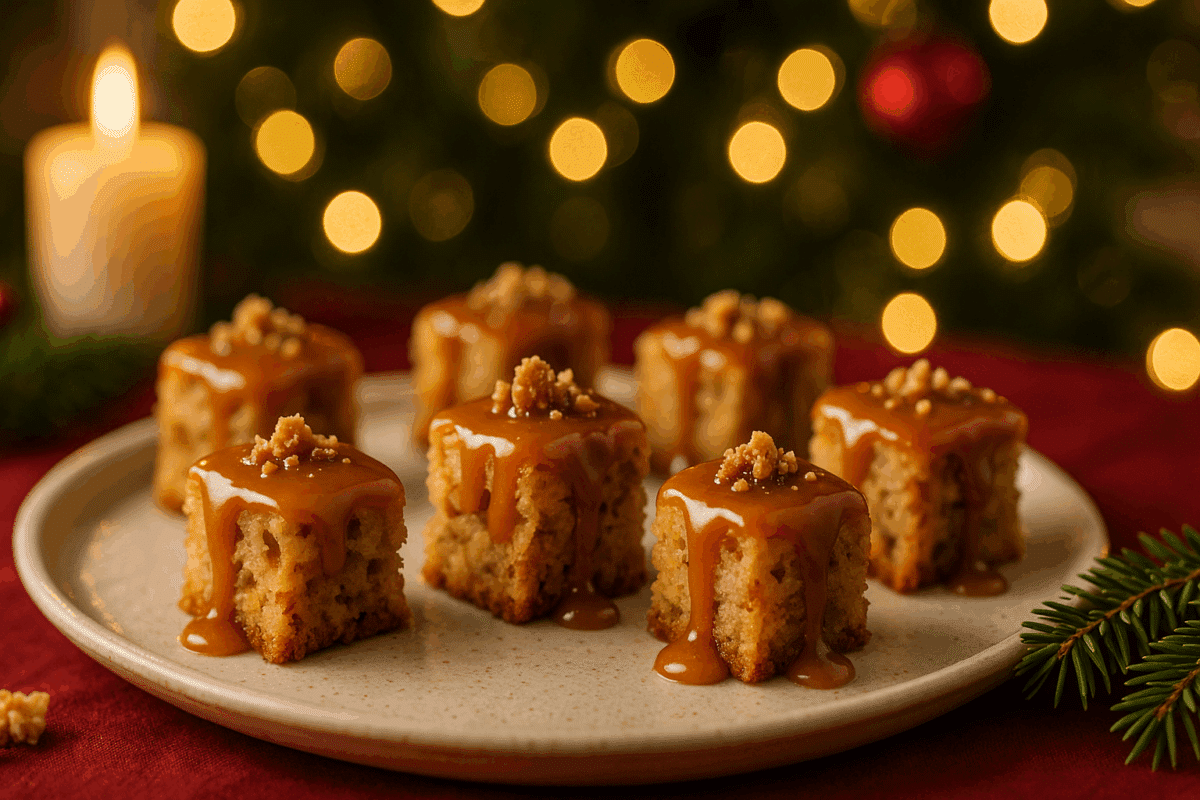 desserts festifs : Bouchées de gâteau aux pommes et au rhum, caramel de cidre de pomme