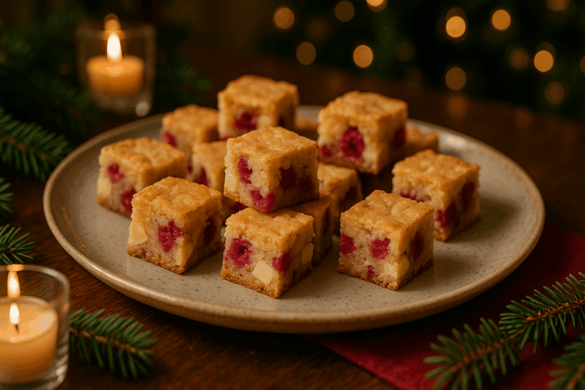 Blondies au chocolat blanc et framboises en cubes fondants