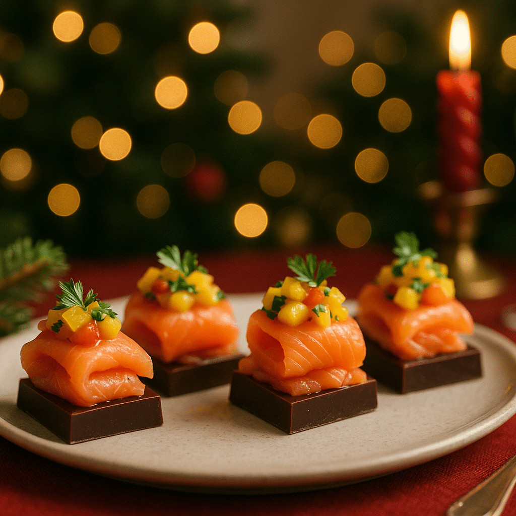 Bouchées de saumon fumé au chocolat et salsa de mangue