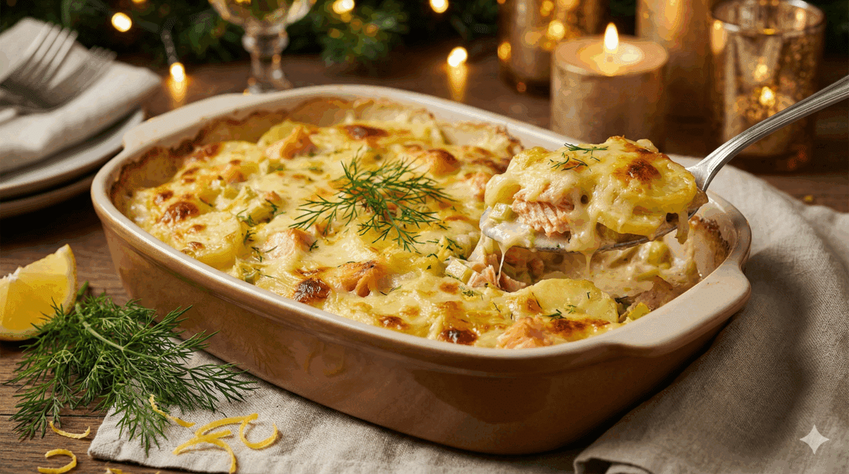 Ce gratin de Noël au saumon fumé change de la dinde traditionnelle : simple, chic, ultra fondant…