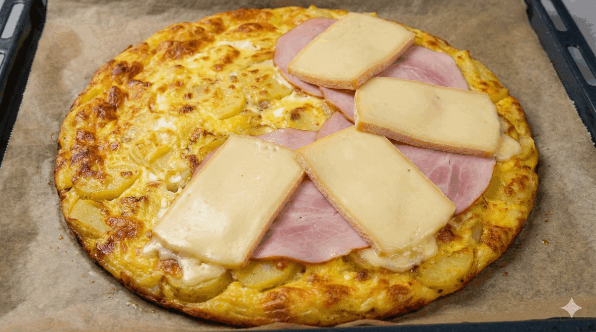 Une fois la base cuite et dorée, elle est garnie de généreuses tranches de fromage à raclette et de jambon blanc, en laissant un bord libre pour faciliter le roulage