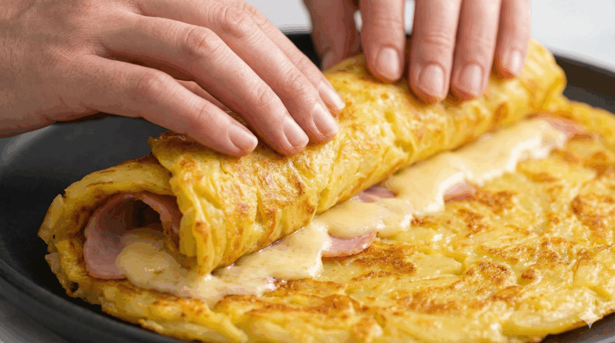 la base encore chaude est soigneusement enroulée sur elle-même, emprisonnant le fromage et le jambon à l'intérieur