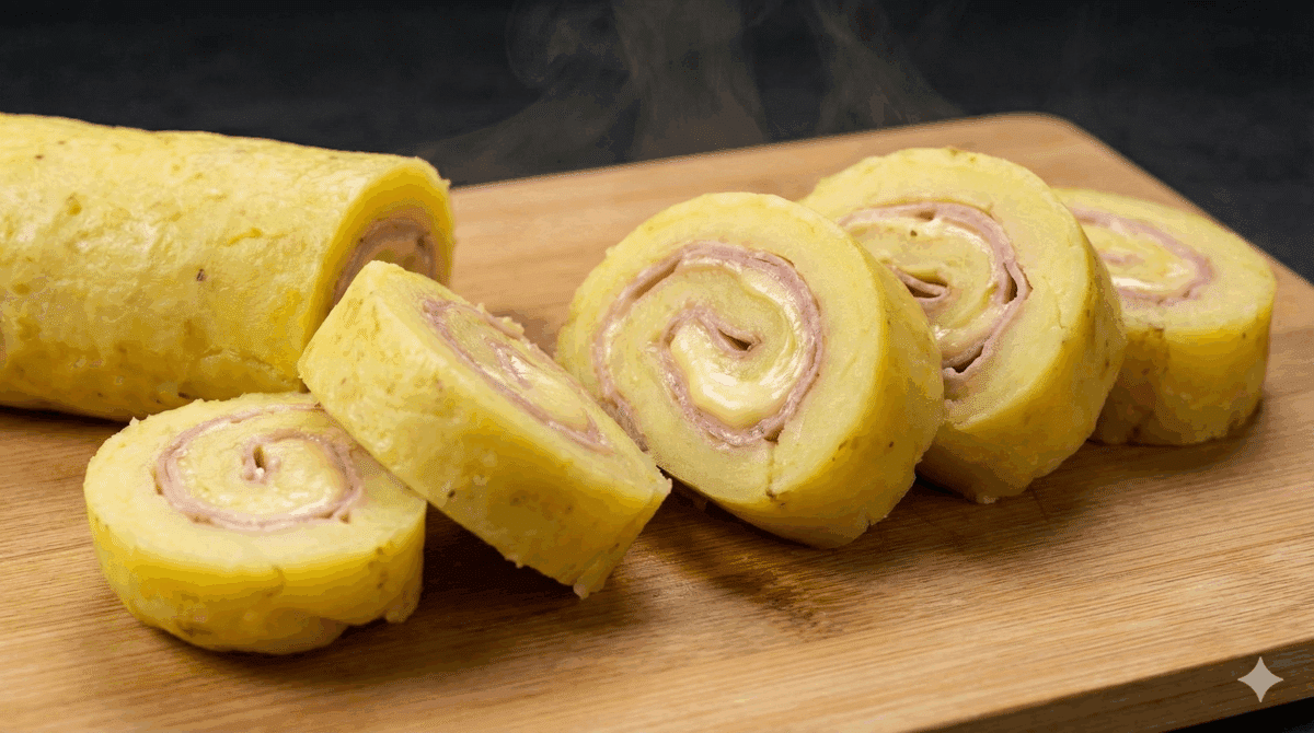 Le roulé est coupé en tranches épaisses, révélant une spirale appétissante de pommes de terre, de jambon et de fromage à raclette fondant.