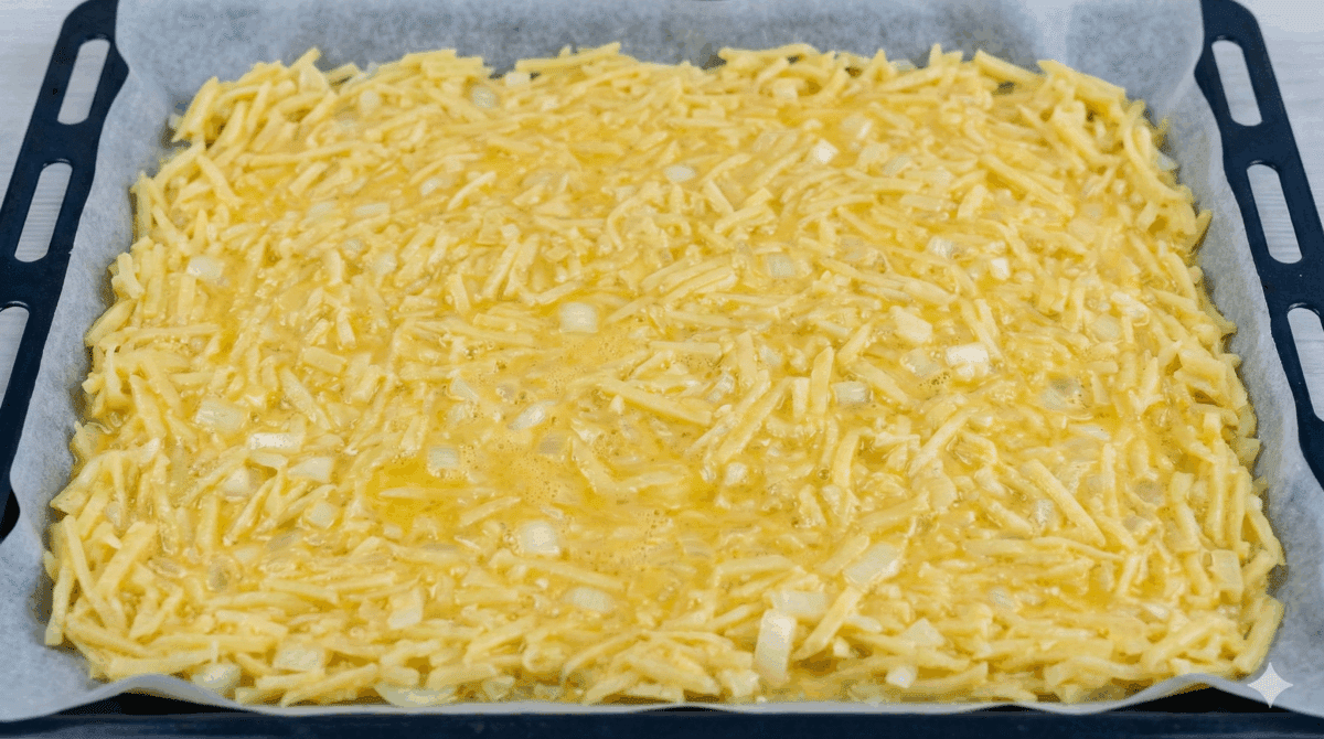 mélange de pommes de terre râpées, d'oignon et d'œufs est étalé uniformément sur une plaque de cuisson recouverte de papier sulfurisé