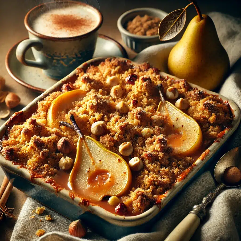 Crumble poires, noisettes et épices douces