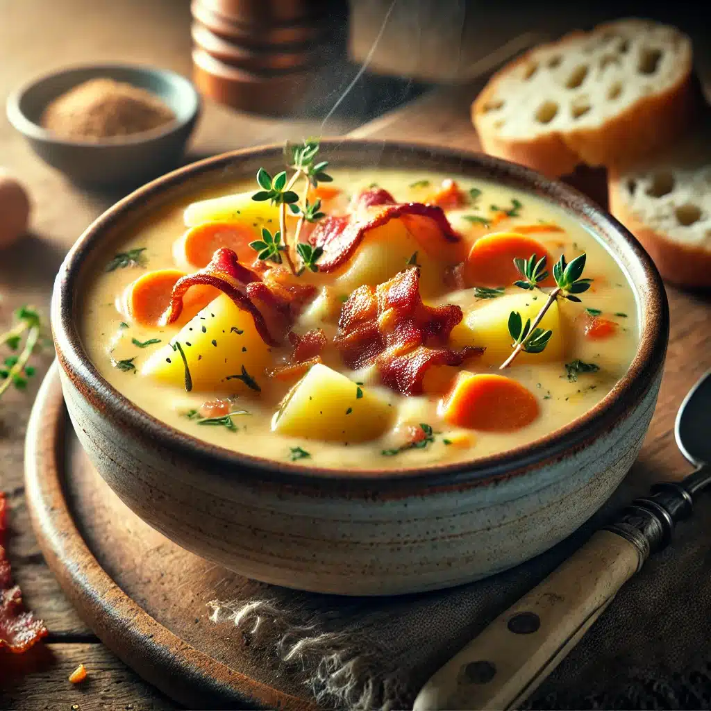 Préparation du potage Brighton au lard fumé