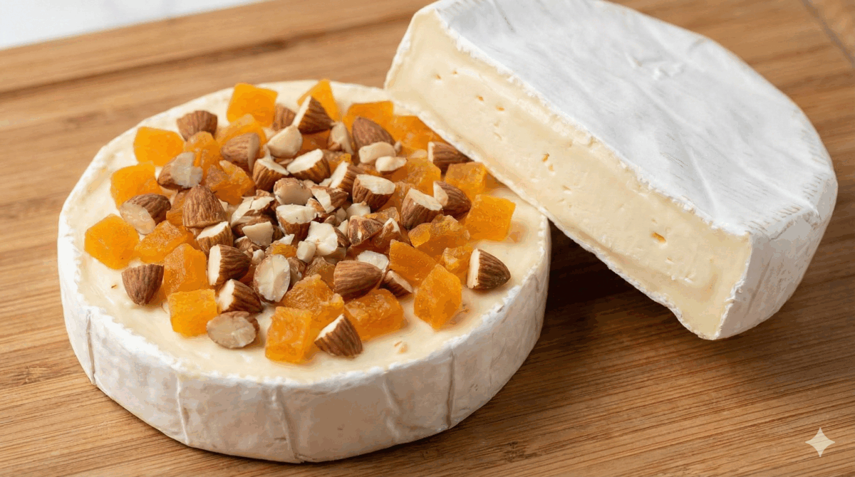 Le brie a été coupé en deux. La base est généreusement garnie d'amandes hachées et de dés d'abricots secs, créant une couche gourmande.