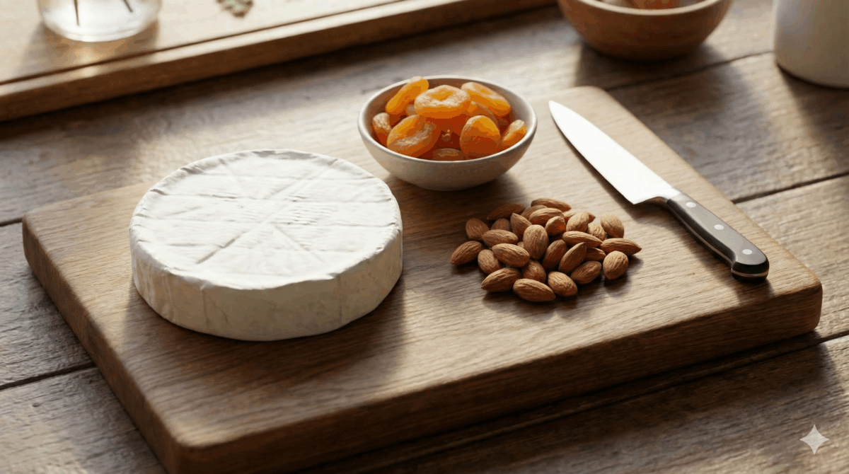 Sur une planche en bois, la roue de brie, les abricots secs et les amandes sont prêts. Un couteau est posé à côté pour la découpe.
