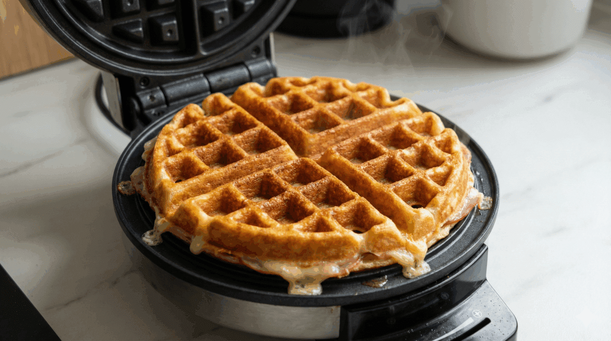 Un gaufrier chaud et beurré est ouvert, révélant une gaufre-monsieur parfaitement dorée et croustillante, avec le fromage fondu qui commence à s'échapper des bords.