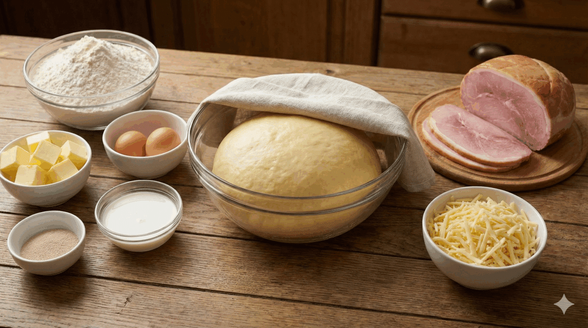Sur un plan de travail en bois, les ingrédients de la pâte à brioche (farine, œufs, beurre en dés, levure) sont réunis.