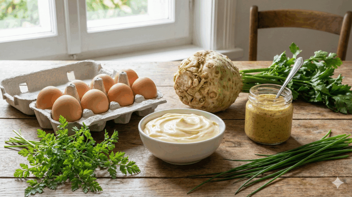 œufs de ferme frais, un céleri-rave, de la moutarde fine et des herbes fraîches sur une table en bois rustique