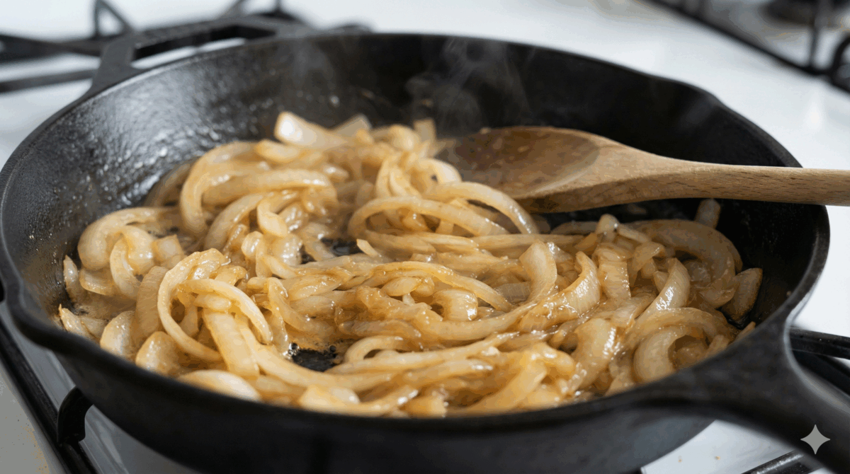 oignons émincés en train de caraméliser doucement dans une poêle, devenant dorés et fondants