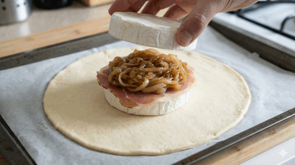feuilleté camembert–jambon–oignons