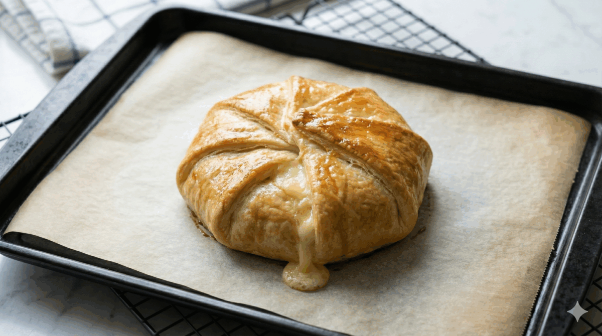 feuilleté camembert–jambon–oignons