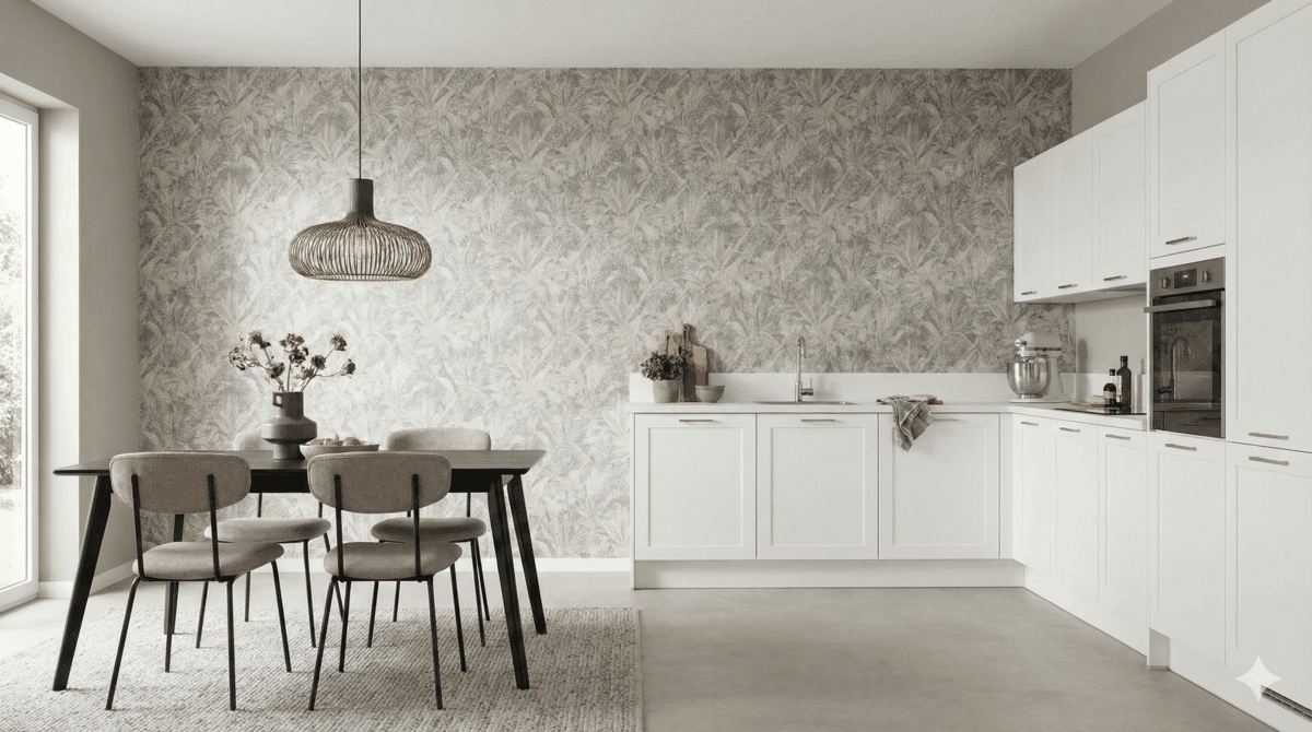 résultat d'une cuisine transformée, avec un mur entier tapissé d'un motif subtil et élégant