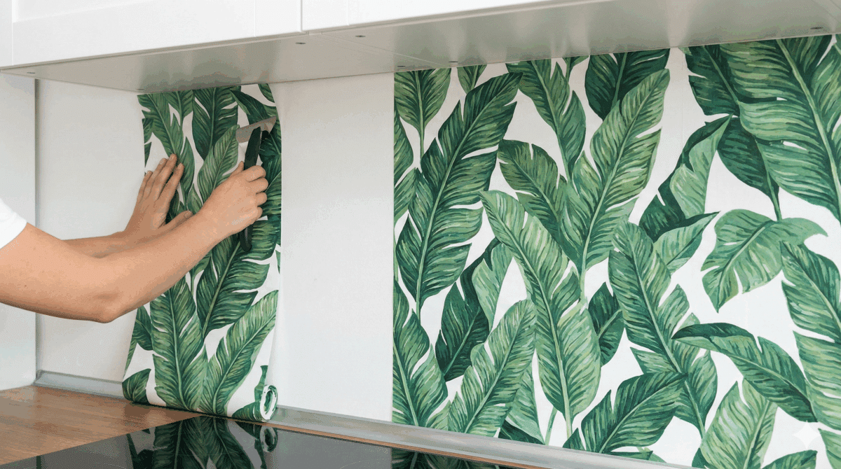 étape de la pose du papier peint sur un mur de la cuisine