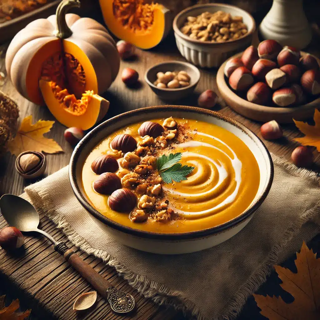 Velouté de potimarron, châtaignes & huile de noisette