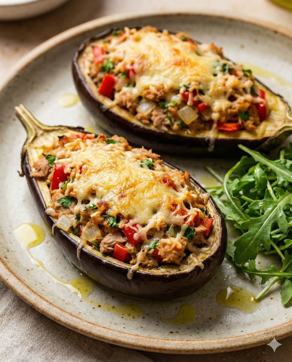 Gros plan de deux mini-aubergines farcies au thon et légumes, gratinées au fromage et servies sur une assiette avec de la roquette et un filet d'huile d'olive.