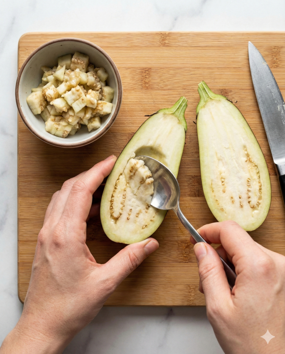 Vue de dessus de mains utilisant une cuillère pour retirer la chair d'une demi-aubergine, avec un bol de pulpe hachée à côté.