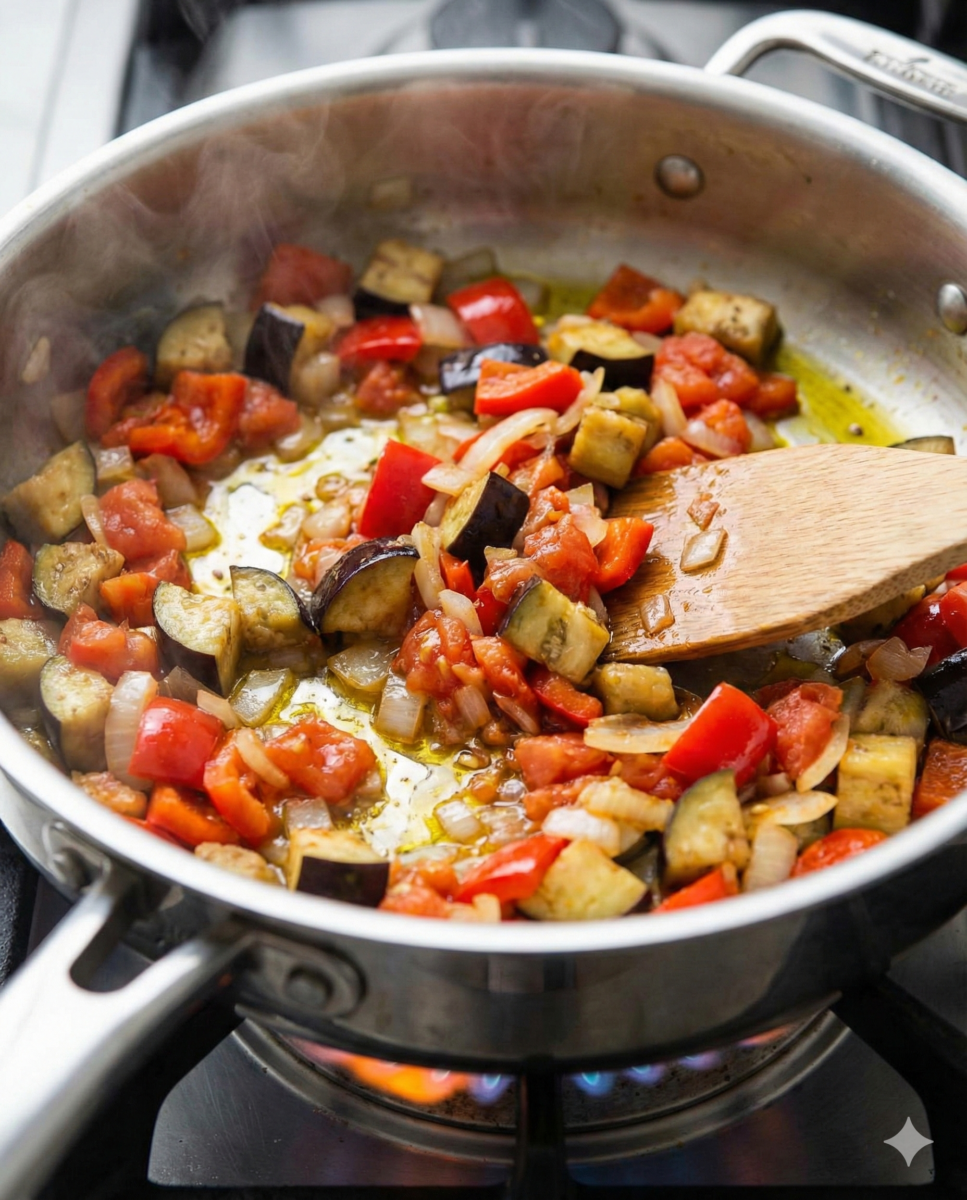 Gros plan d'une poêle sur le feu contenant le mélange de légumes (aubergine, poivron, oignon, tomate) en train de cuire, remué par une spatule en bois.