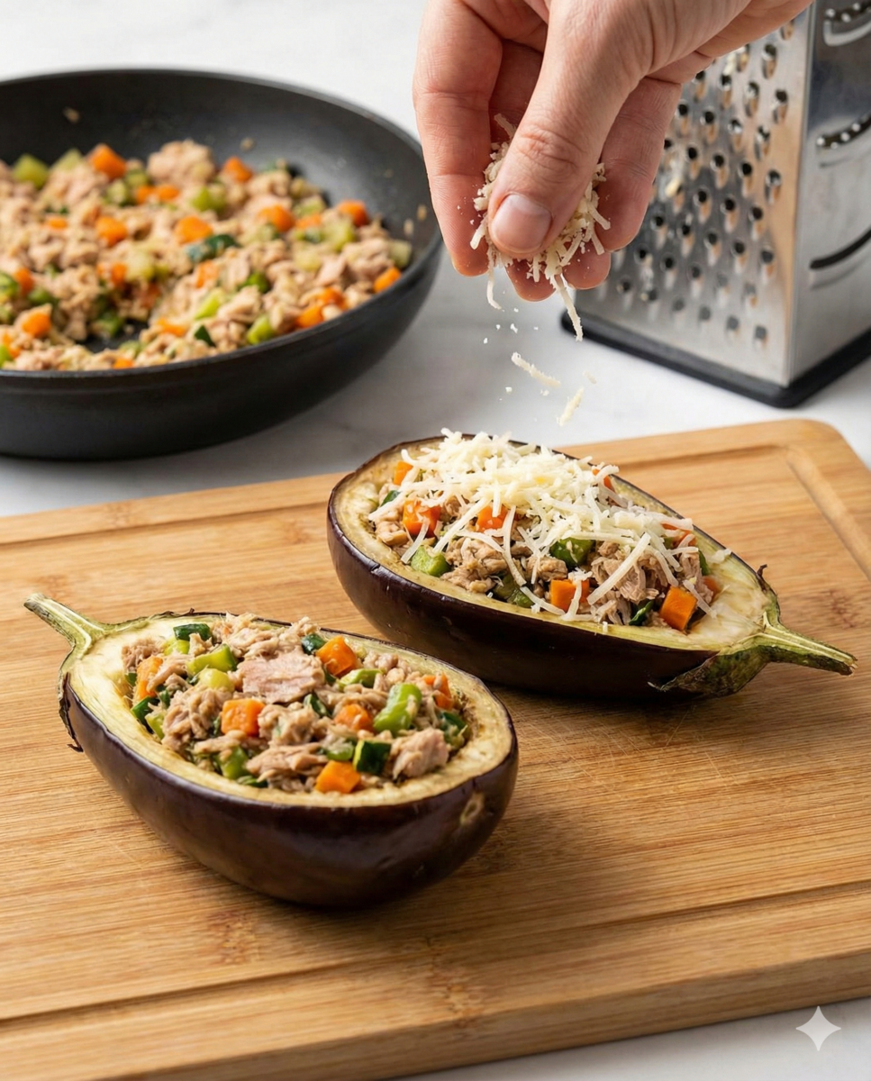 Aubergines farcies sur une planche à découper, une main ajoutant du fromage râpé sur l'une d'elles. La poêle avec le reste de farce est en arrière-plan.