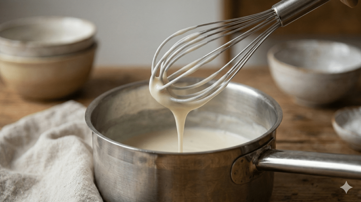 La texture idéale de votre velouté marin : une sauce souple mais suffisamment épaisse pour lier le poisson et les crevettes sans s'échapper du feuilletage.