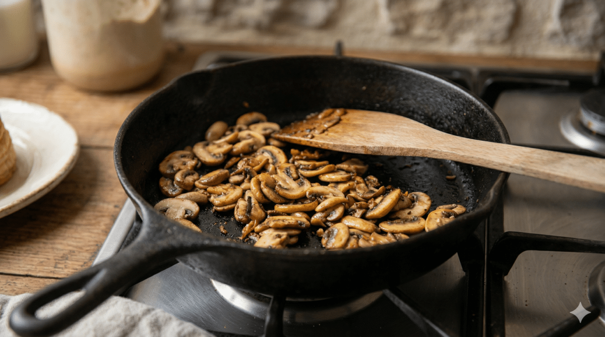 Une cuisson soignée des champignons : ils doivent être bien dorés et secs pour ne pas détremper la sauce finale.