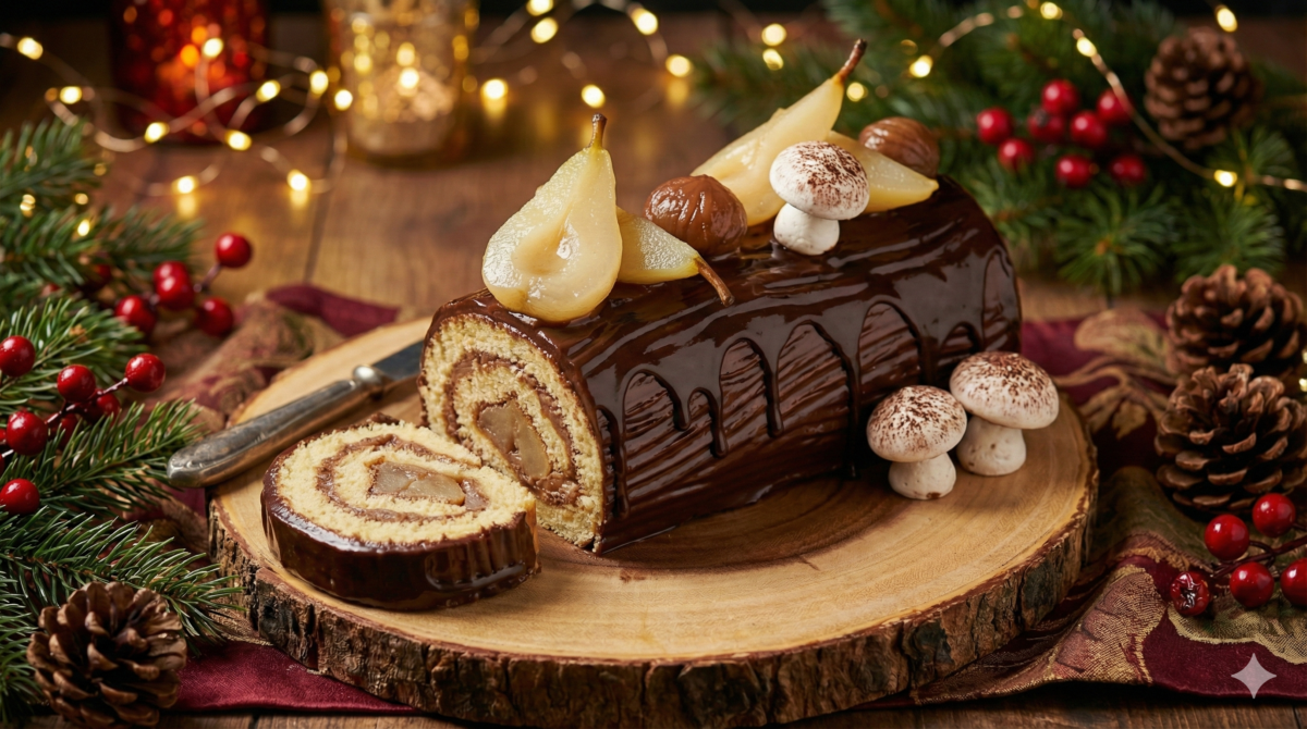 Bûche de Noël aux marrons et à la poire : un roulé facile, fondant et délicatement fruité pour un réveillon tout en douceur