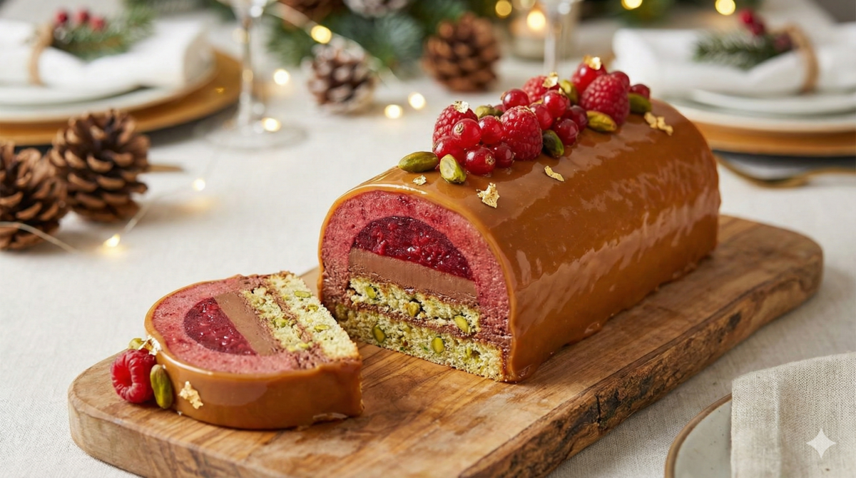 Bûche de Noël mousse de framboise et pistache : un dessert frais, léger et raffiné pour finir le réveillon en beauté