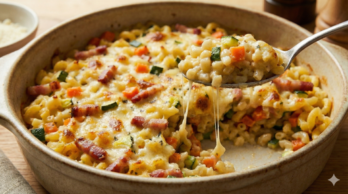 Ce gratin de coquillettes aux lardons fait toujours un carton sur la table de Noël