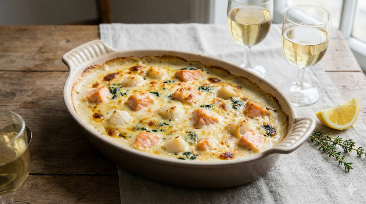 Ce gratin de Noël saumon et Saint-Jacques va voler la vedette au reste du menu : doux, crémeux, et irrésistible dès la première bouchée