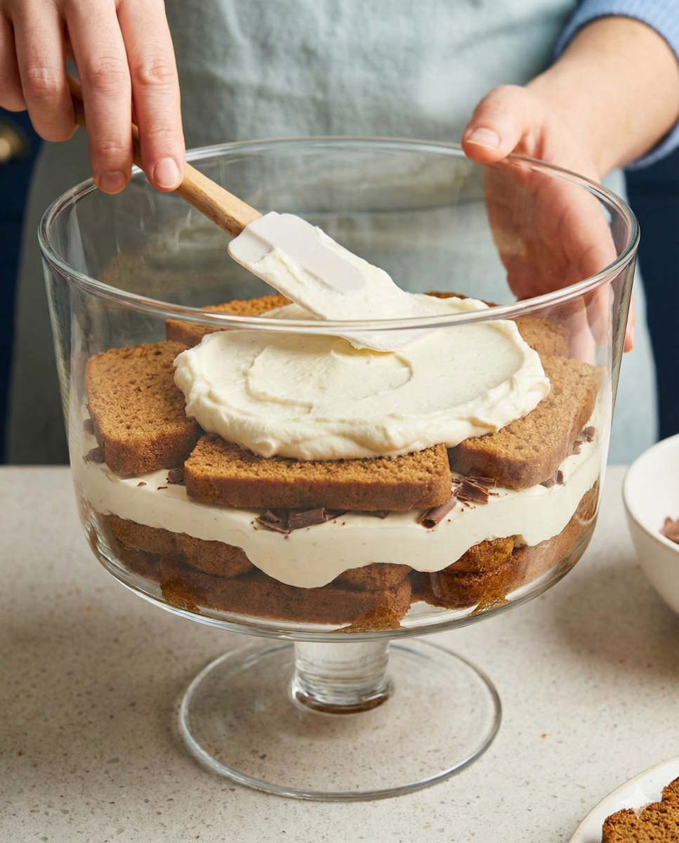 nouvelle couche de pain d’épices imbibé et nouvelle couche de crème