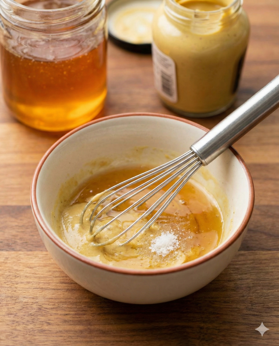 préparation de la sauce express, où la moutarde de Dijon, le miel et le sel sont fouettés ensemble pour obtenir un mélange homogène