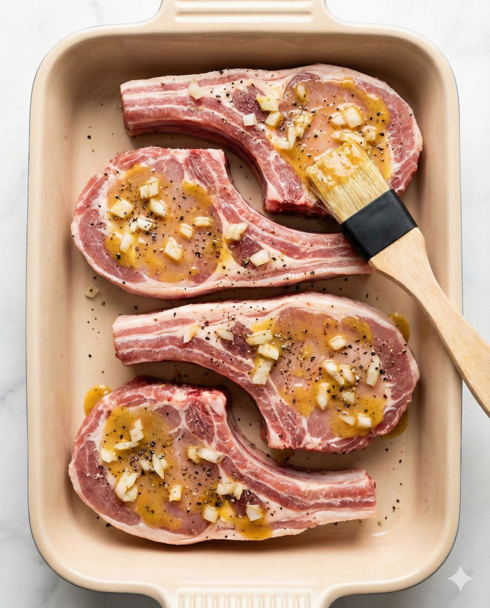 côtelettes de porc crues disposées dans le plat allant au four, en train d'être généreusement badigeonnées de la sauce miel-moutarde et parsemées d'oignons émincés avant la cuisson