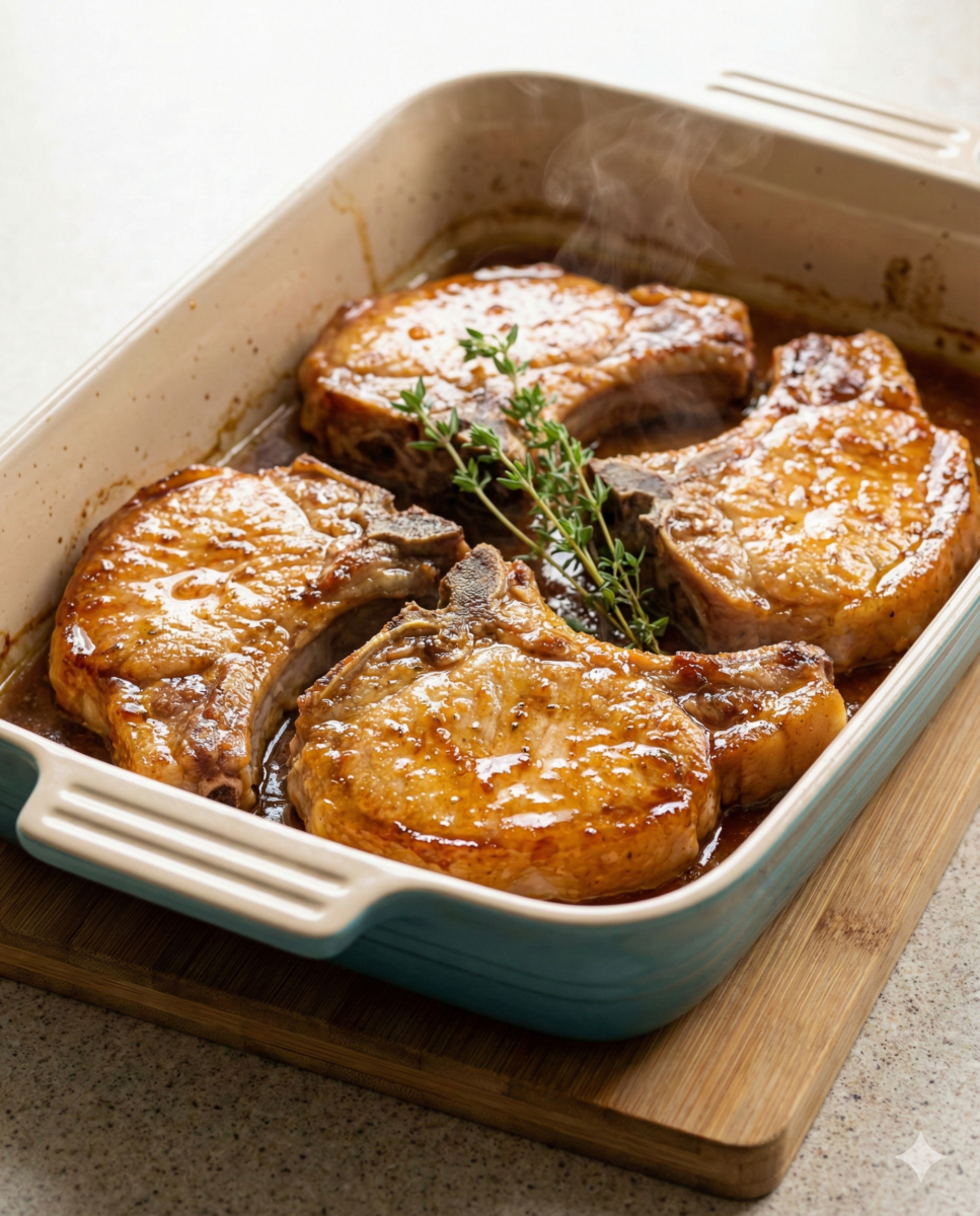 plat sorti du four, avec les côtelettes cuites et fumantes qui reposent quelques minutes