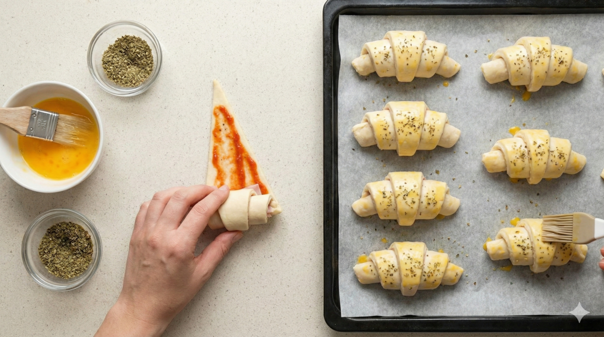 Rouler, dorer, assaisonner les croissants