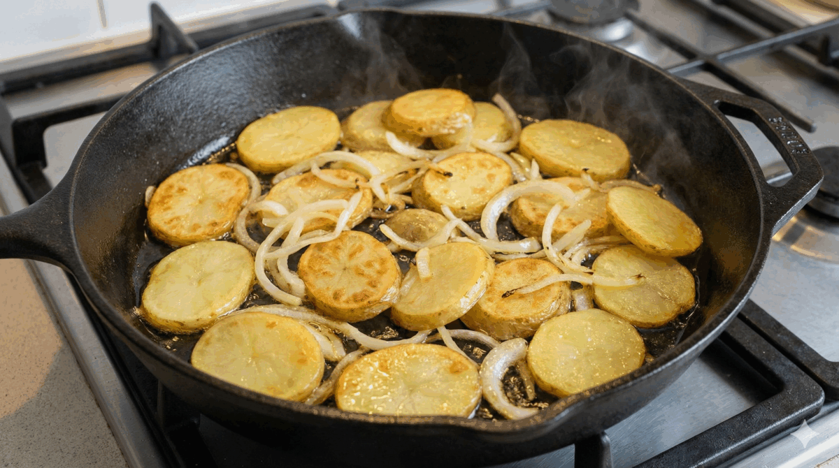 Les pommes de terre et les oignons, coupés en fines tranches, sont en train de dorer dans la poêle avec de l'huile d'olive.