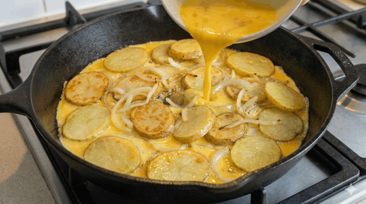 Les œufs battus sont versés sur le mélange pommes de terre-oignons cuit, commençant à former la tortilla.