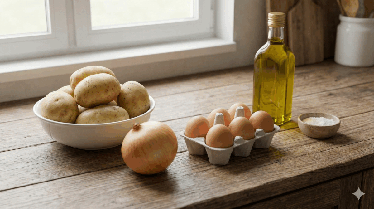 Tous les ingrédients nécessaires sont réunis : les pommes de terre, l'oignon, les œufs, l'huile d'olive et le sel.