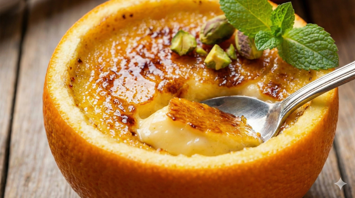 Crème brûlée cachée dans une orange sanguine : le dessert de Noël juteux, caramélisé et prêt à l’avance