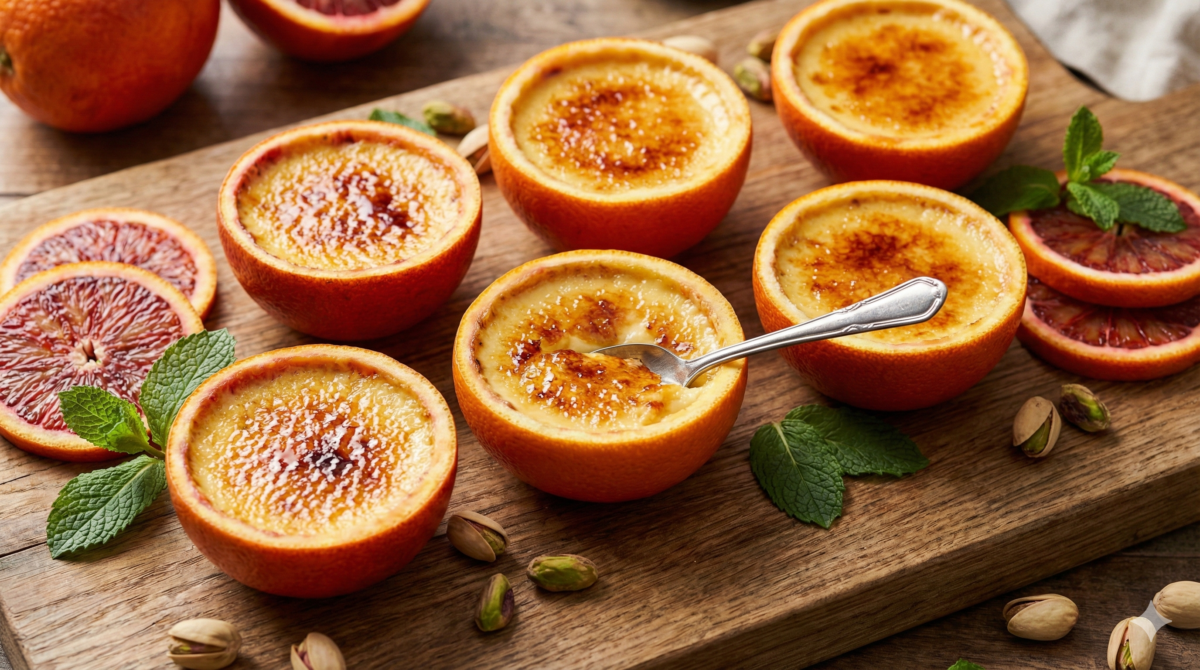 Crème brûlée cachée dans une orange sanguine