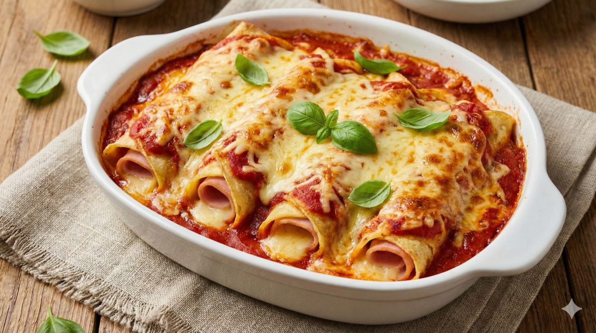 crêpes roulées jambon–fromage gratinées à la sauce tomate façon pizza