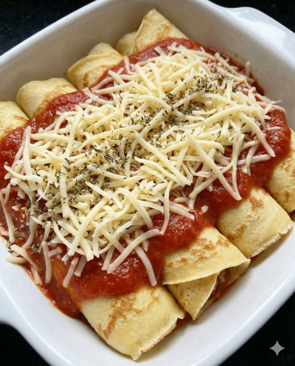 crêpes roulées recouvertes de fromage et sauce tomate