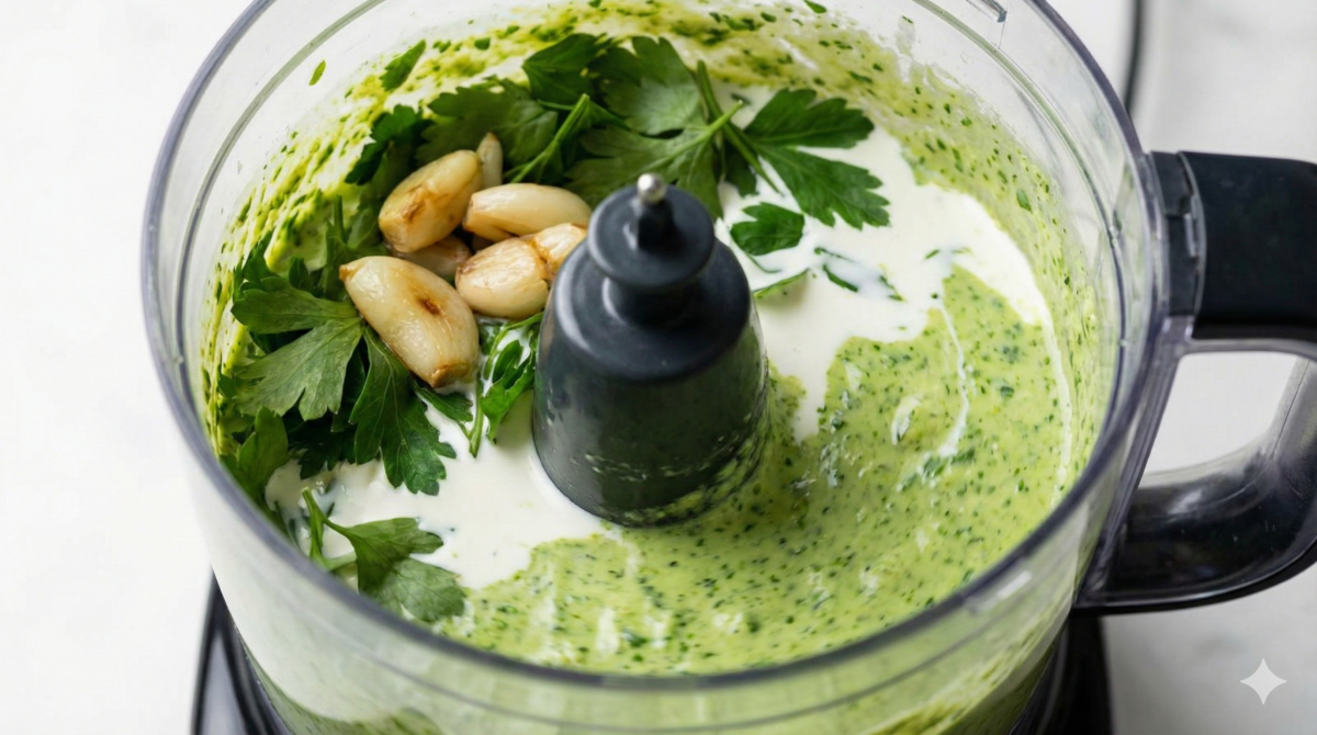 Mixer la crème d’ail au persil