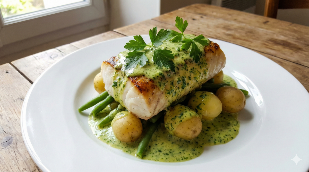 Dos de cabillaud ultra fondant : nappé d’une crème à l’ail et au persil complètement irrésistible