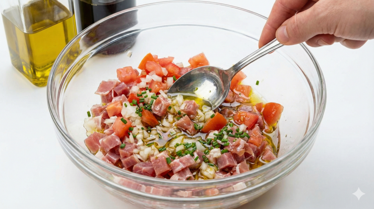 Voici le jambon cru, les tomates et l'oignon en train d'être finement coupés sur une planche. Cette image montre l'importance d'une découpe précise pour un tartare réussi.