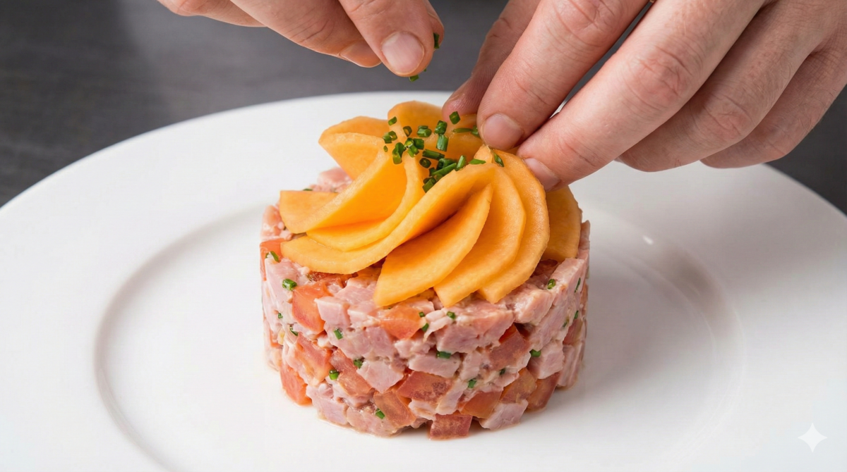 Pour finir, voici l'ajout de la touche finale : les fines lamelles de melon sont disposées en rosace sur le tartare, et le tout est parsemé de ciboulette fraîche avant d'être servi.