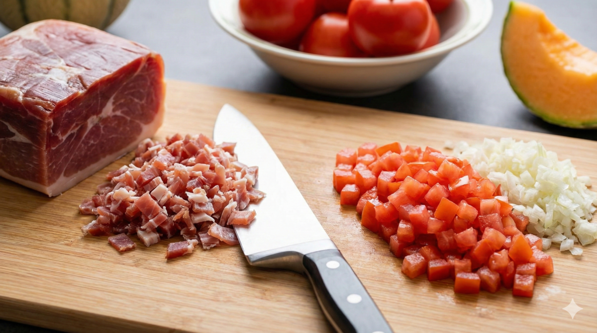 Cette image présente le plat final, dressé avec élégance à l'aide d'un cercle, surmonté d'un éventail de melon et parsemé de ciboulette. C'est l'illustration parfaite de la fraîcheur et du raffinement de votre recette.