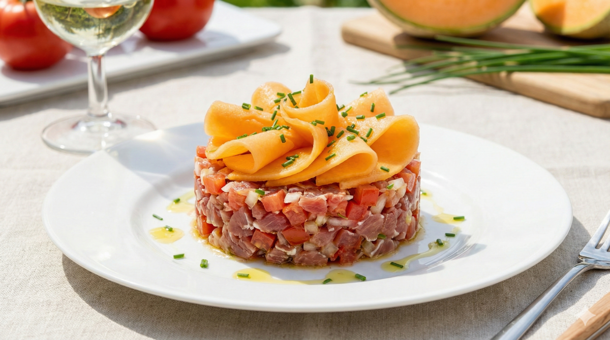 Entrée fraîcheur express : le tartare jambon melon tomate prêt en 10 minutes