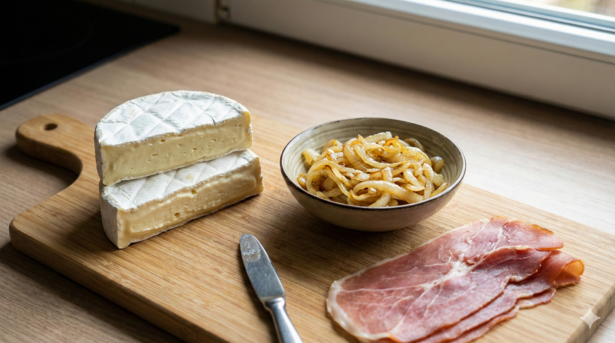Préparer la base : camembert, oignons et jambon